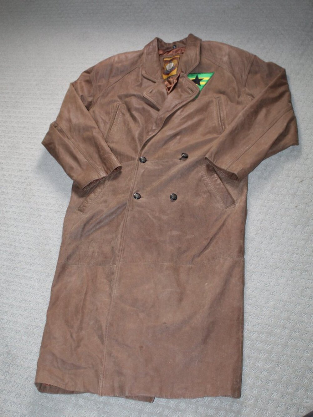 Vintage 90s IOU Leather Collection Men's Size S Brown Leather Long Trench Coat
